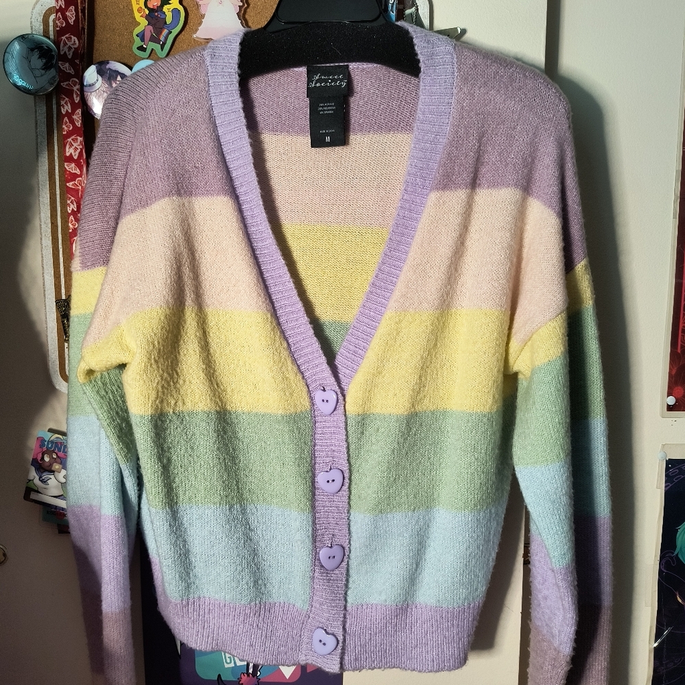 Hot Topic Sweet Society Pastel Rainbow Boyfriend Fit Girls Crop Cardigan